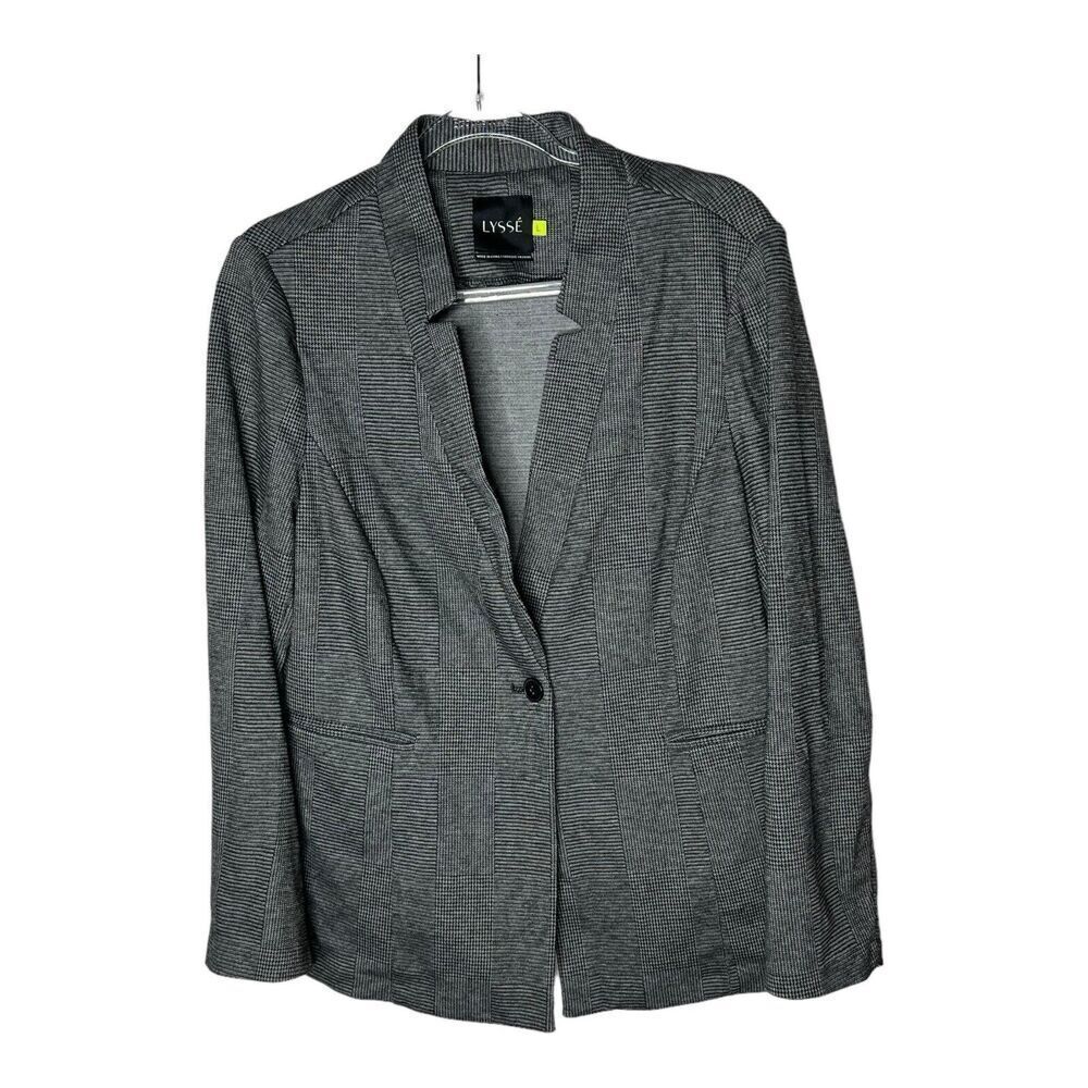 Lysse Blazer Womens Large Gray Plaid‎ Check Stretch Knit Single Button Jacket